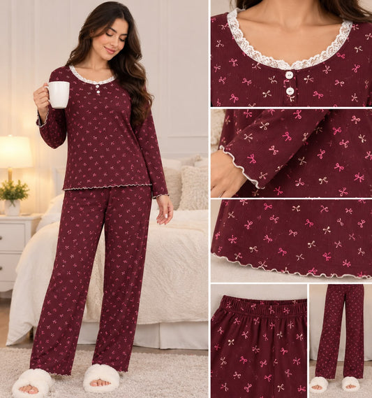 Burgundy Bow Lace Pajama Set |  001 - بيجامة فيونكات عنابي