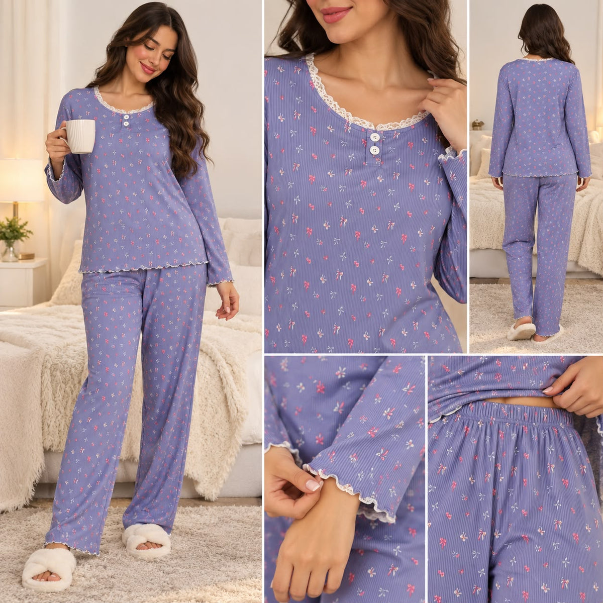 Lavender Small rose Pajama Set |  003 - بيجامة ورد لافندر