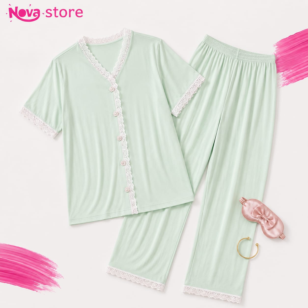 Dantel pajama ment green  - 004
